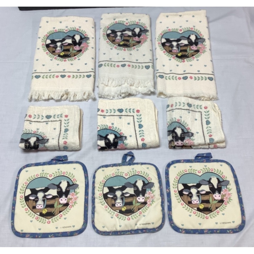 Buttercup Tienshan Set of Kitchen Towels Dishcloths Pot Holders Cows Farm